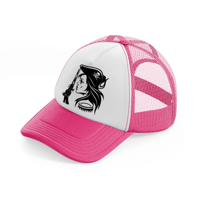 lady with gun neon pink trucker hat