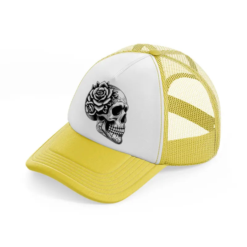 skull head flower side face-yellow-trucker-hat