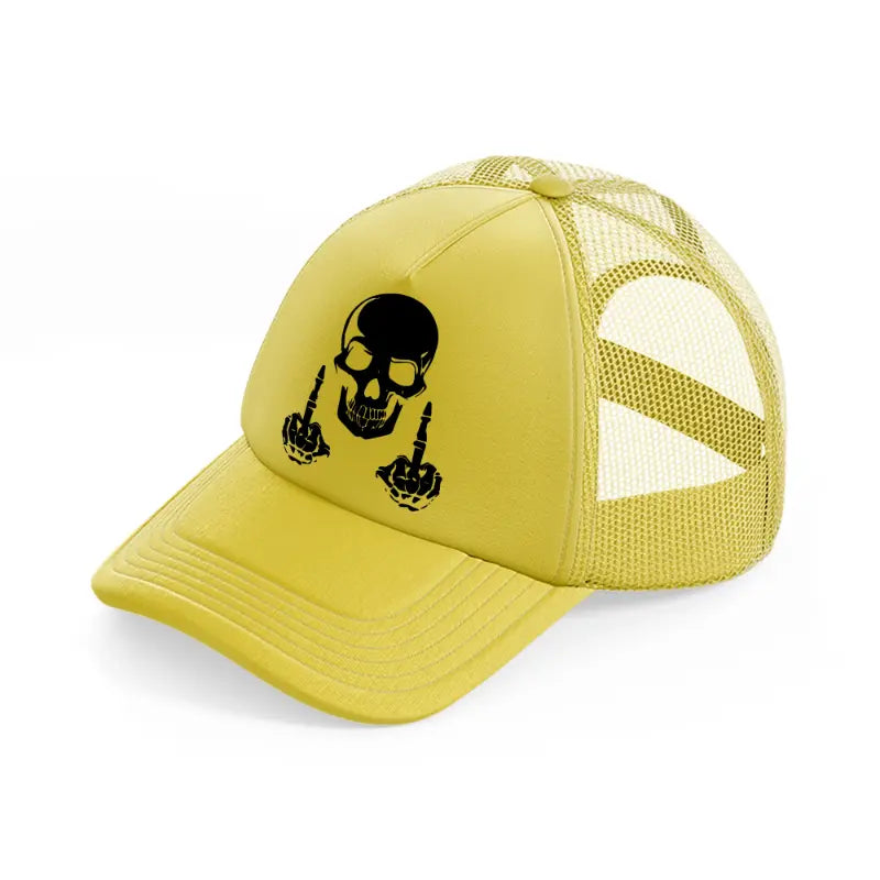 skull head middle finger-gold-trucker-hat