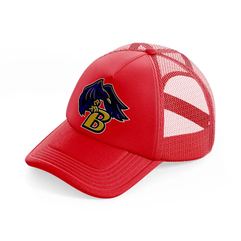 b emblem-red-trucker-hat
