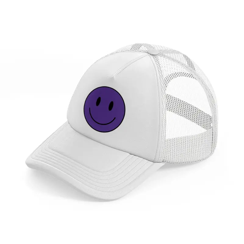 happy face purple white trucker hat