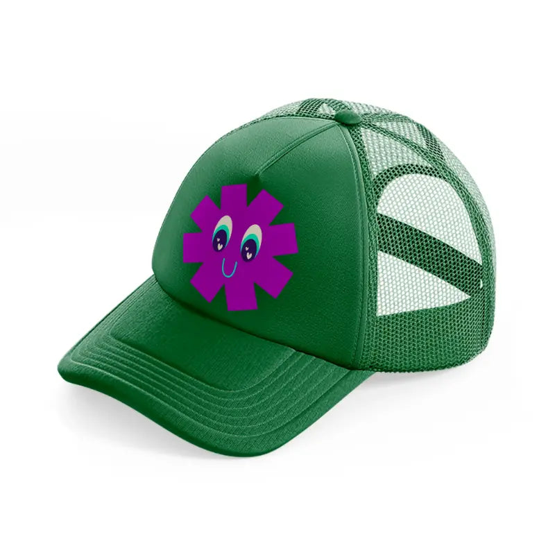 purple smiley flower green trucker hat