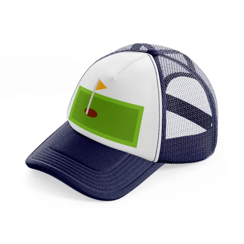green mini golf field-navy-blue-and-white-trucker-hat