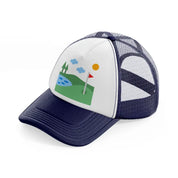 golf field river navy blue and white trucker hat