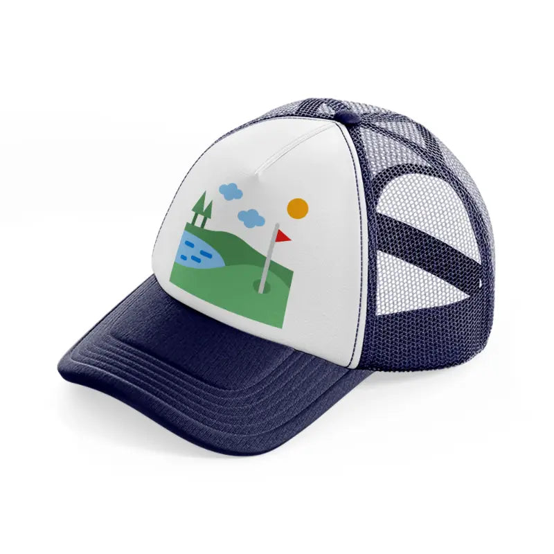 golf field river-navy-blue-and-white-trucker-hat