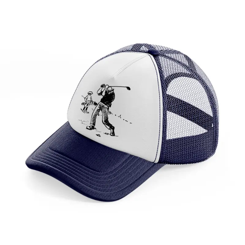 golfer cartoon-navy-blue-and-white-trucker-hat