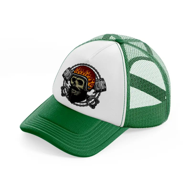 skull fire helmet-green-and-white-trucker-hat