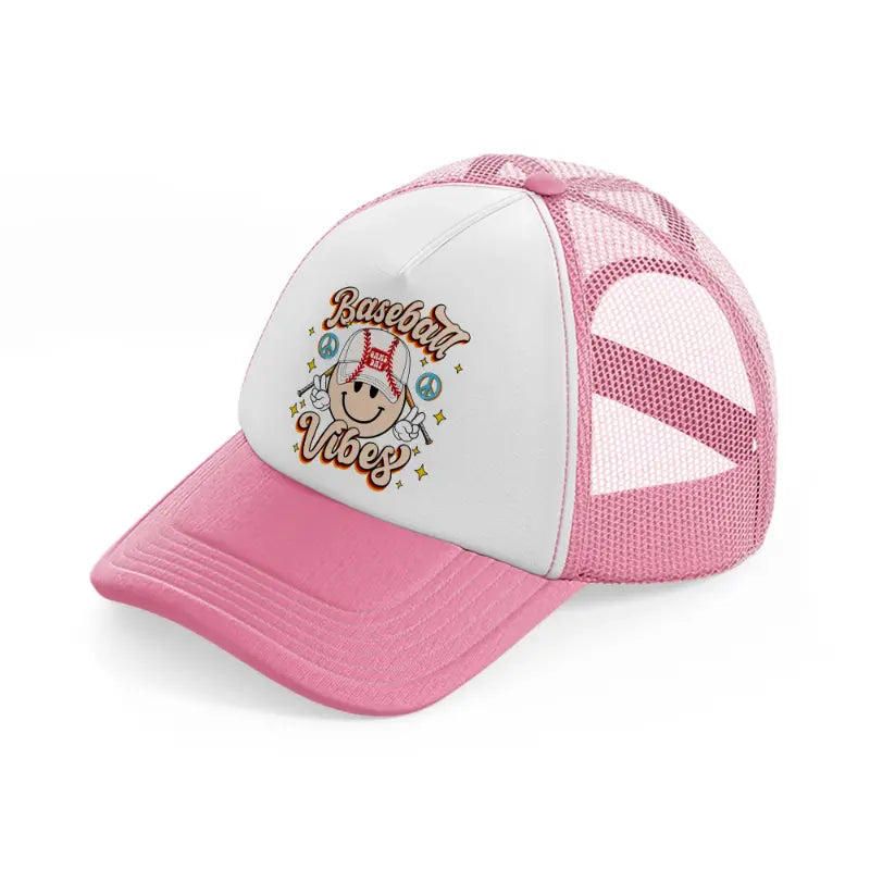 baseball vibes smiley-pink-and-white-trucker-hat