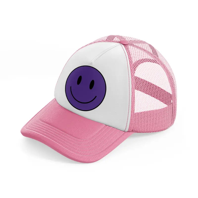 happy face purple pink and white trucker hat