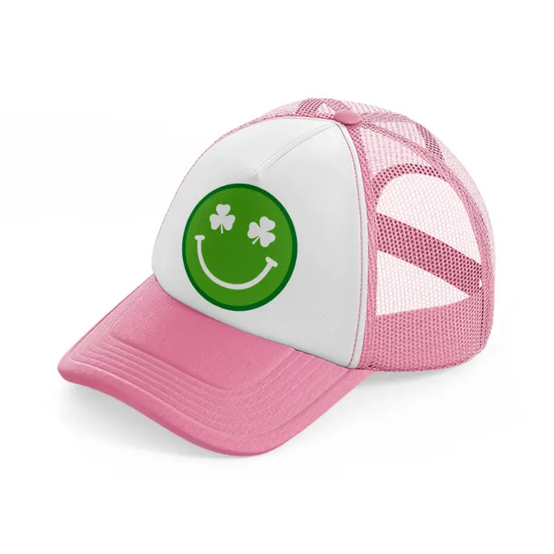 smiley face clover-pink-and-white-trucker-hat