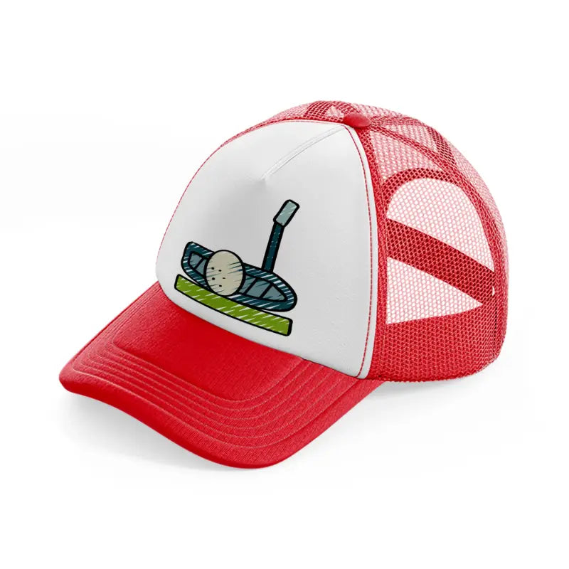 golf ball with stick-red-and-white-trucker-hat