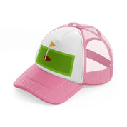 green mini golf field pink and white trucker hat