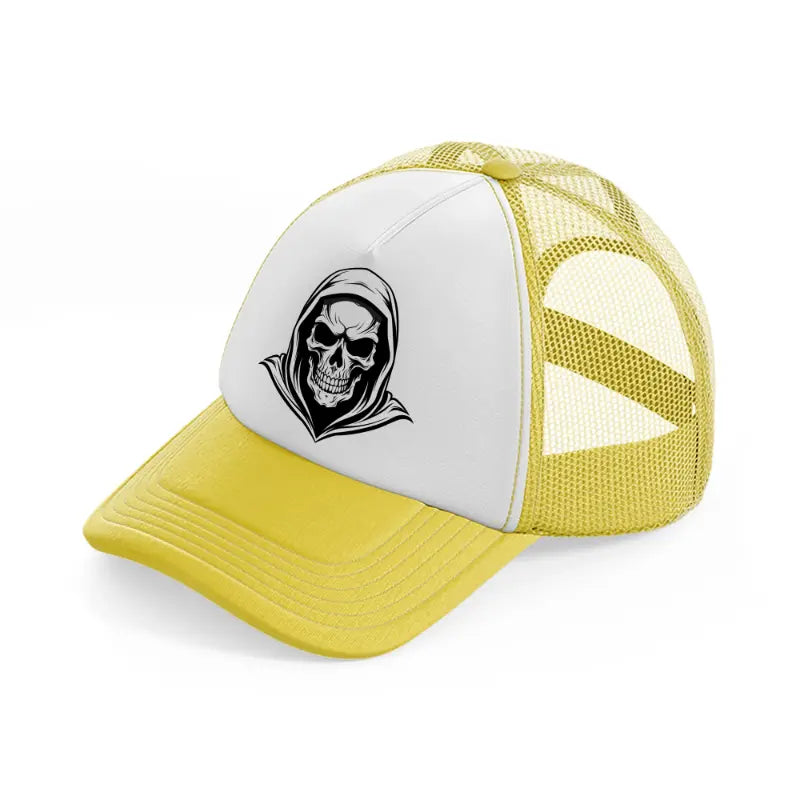 hoodied skull yellow trucker hat