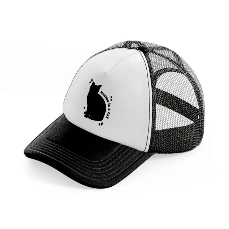 karma is a cat-black-and-white-trucker-hat