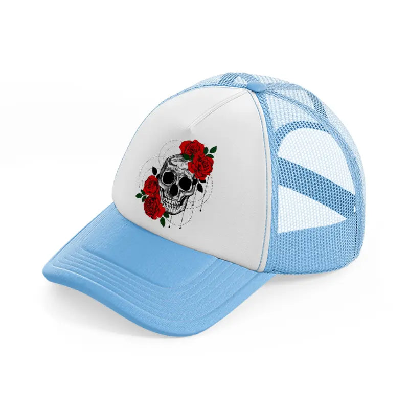 skull roses sky blue trucker hat