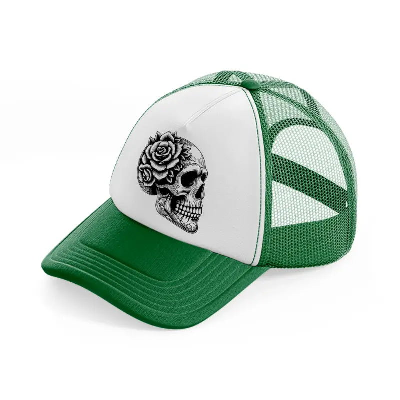 skull head flower side face-green-and-white-trucker-hat