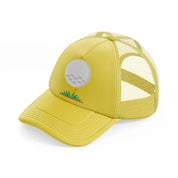 golf ball in grass gold trucker hat