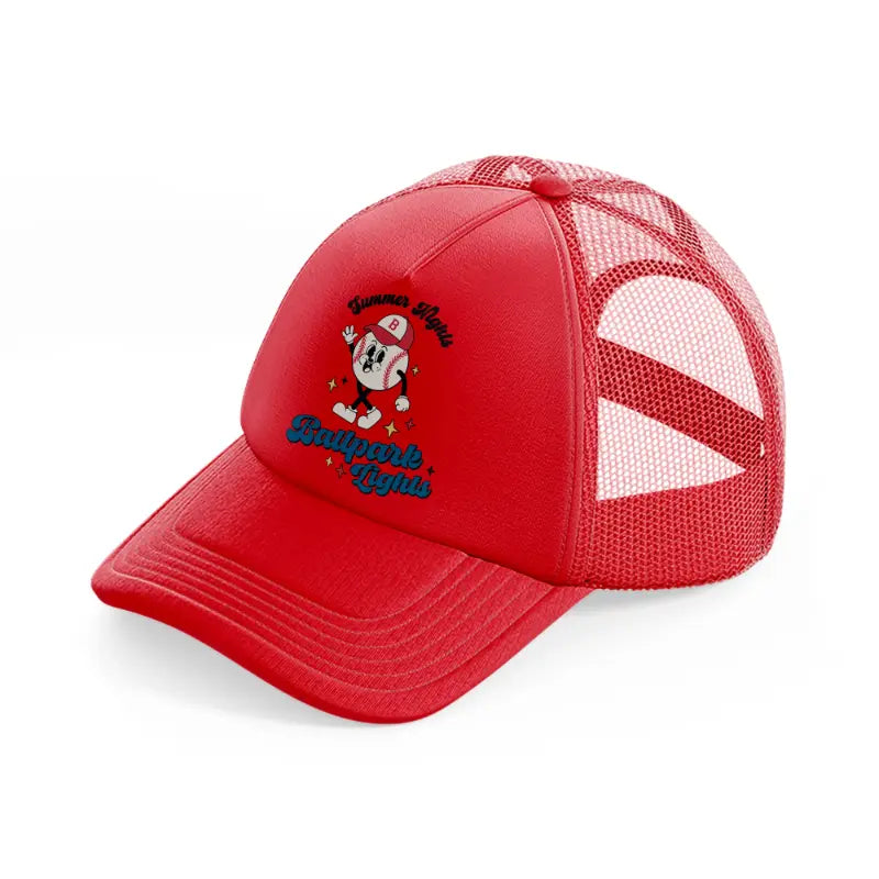 summer nights ballpark lights-red-trucker-hat