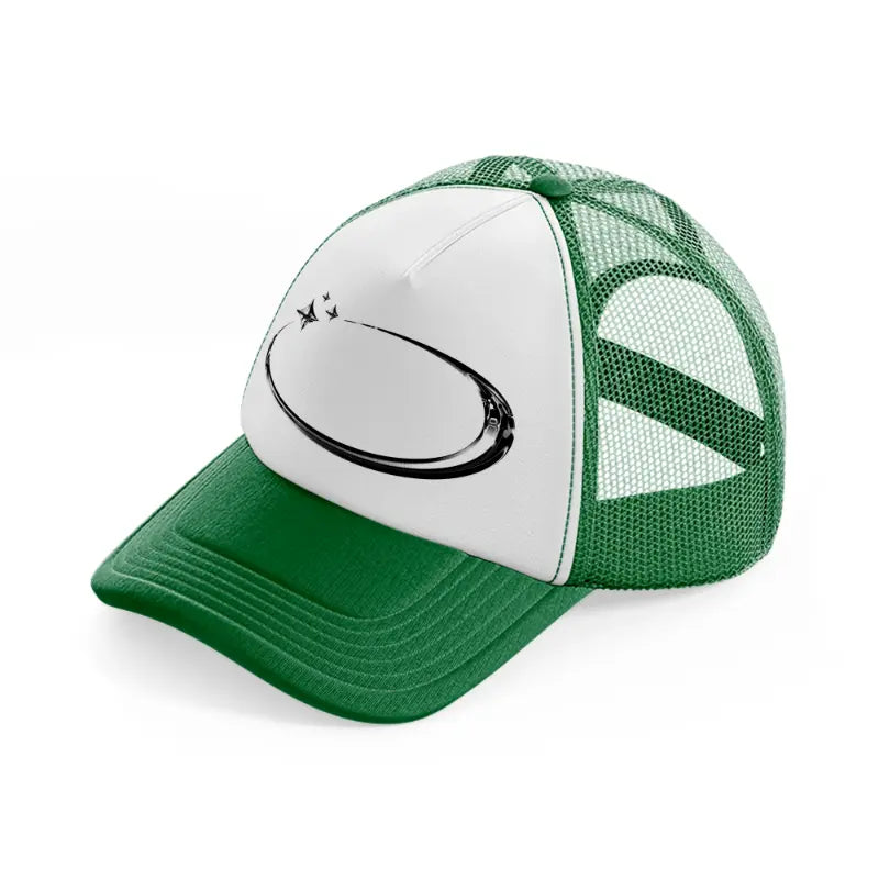 oval green and white trucker hat