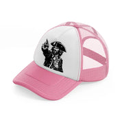 pirate finger pointing pink and white trucker hat