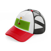 green mini golf field-red-and-black-trucker-hat