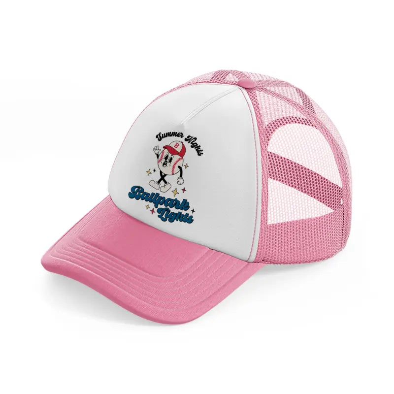 summer nights ballpark lights-pink-and-white-trucker-hat