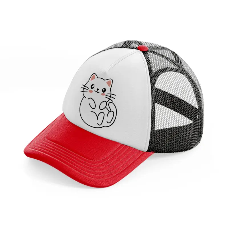 white kitten-red-and-black-trucker-hat