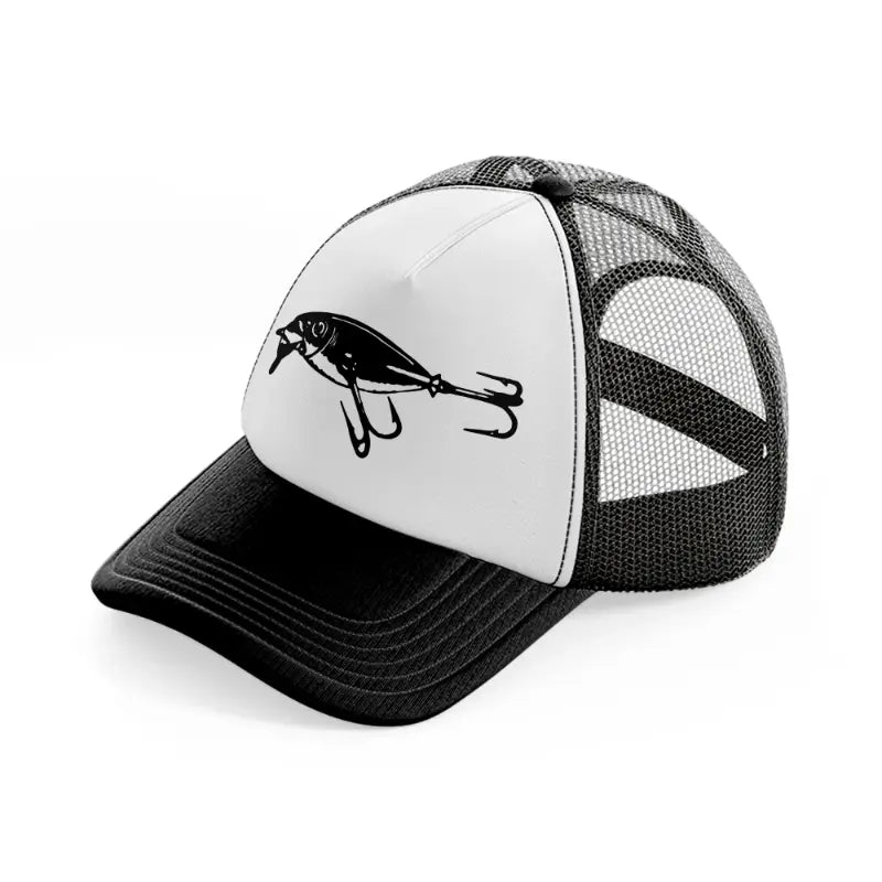 fish in a hook black and white trucker hat