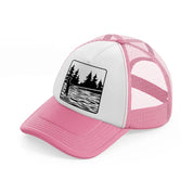 woman fishing at lake-pink-and-white-trucker-hat