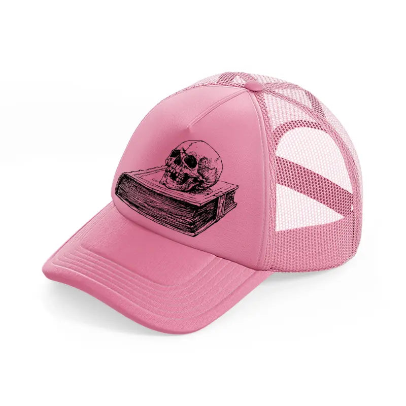 skull in book pink trucker hat