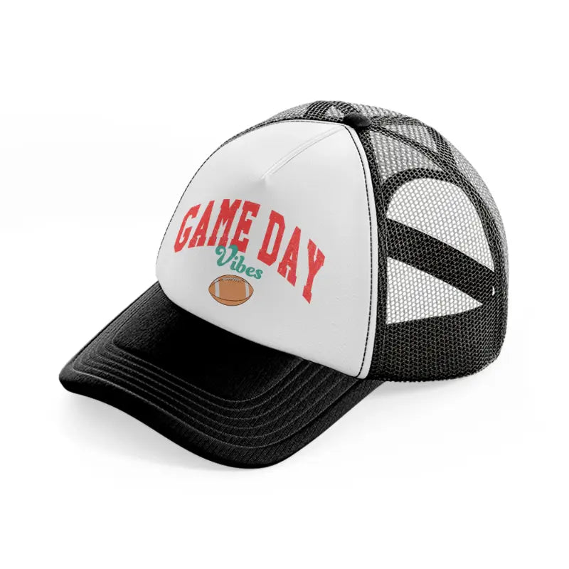 football game day vibes-black-and-white-trucker-hat