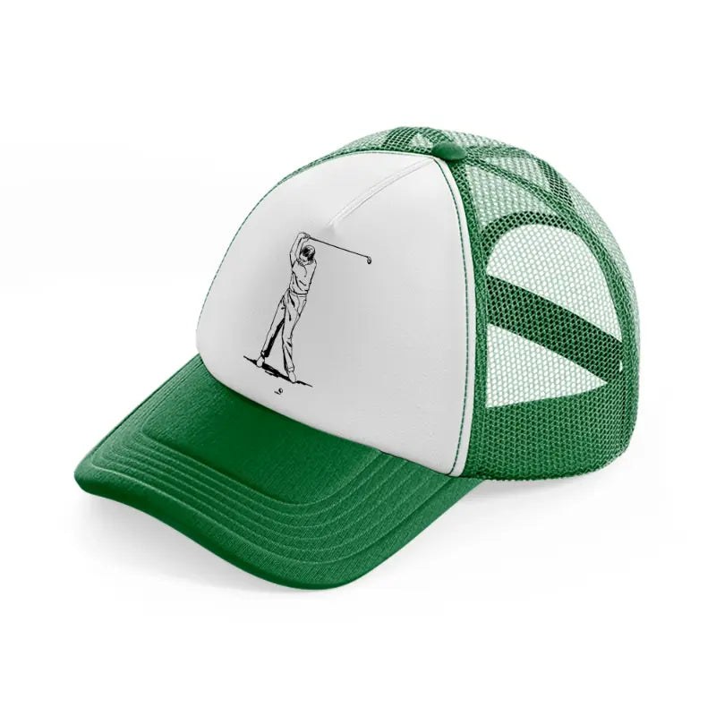 golfer taking shots b&w-green-and-white-trucker-hat
