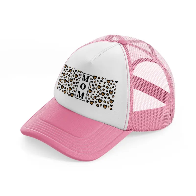 mom heart leopard print-pink-and-white-trucker-hat