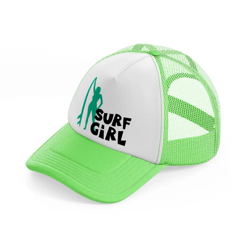 standing surf girl lime green trucker hat