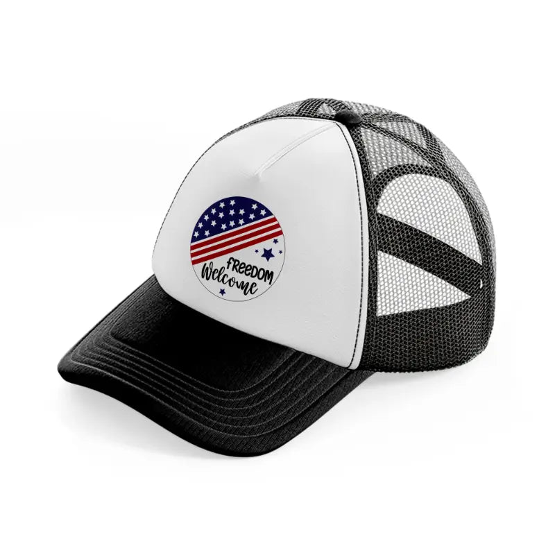 freedom  welcome-01-black-and-white-trucker-hat