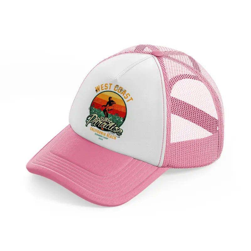 west coast surf paradise california beach-pink-and-white-trucker-hat