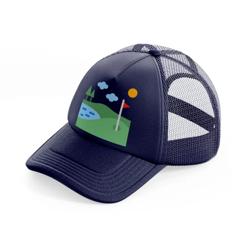 golf field river navy blue trucker hat