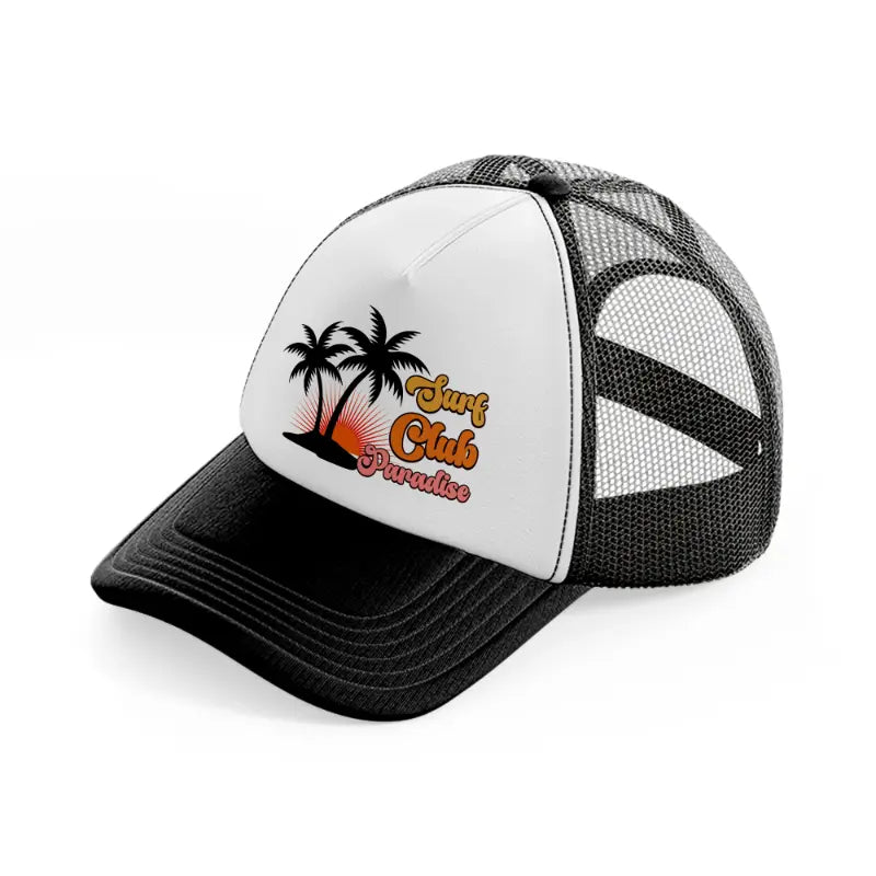 surf club paradise-black-and-white-trucker-hat