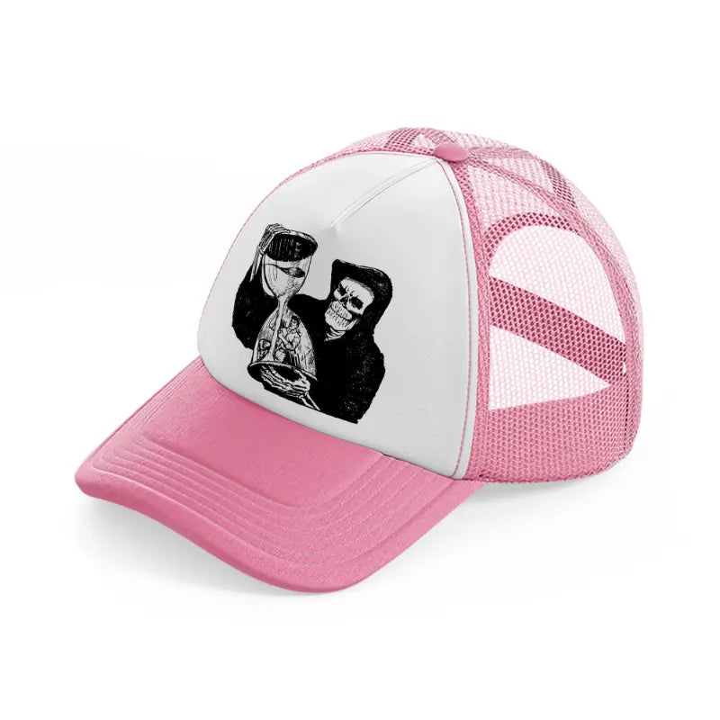 skull & hourglass-pink-and-white-trucker-hat