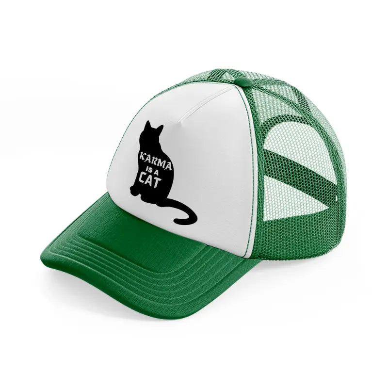 karma is a cat b&w-green-and-white-trucker-hat