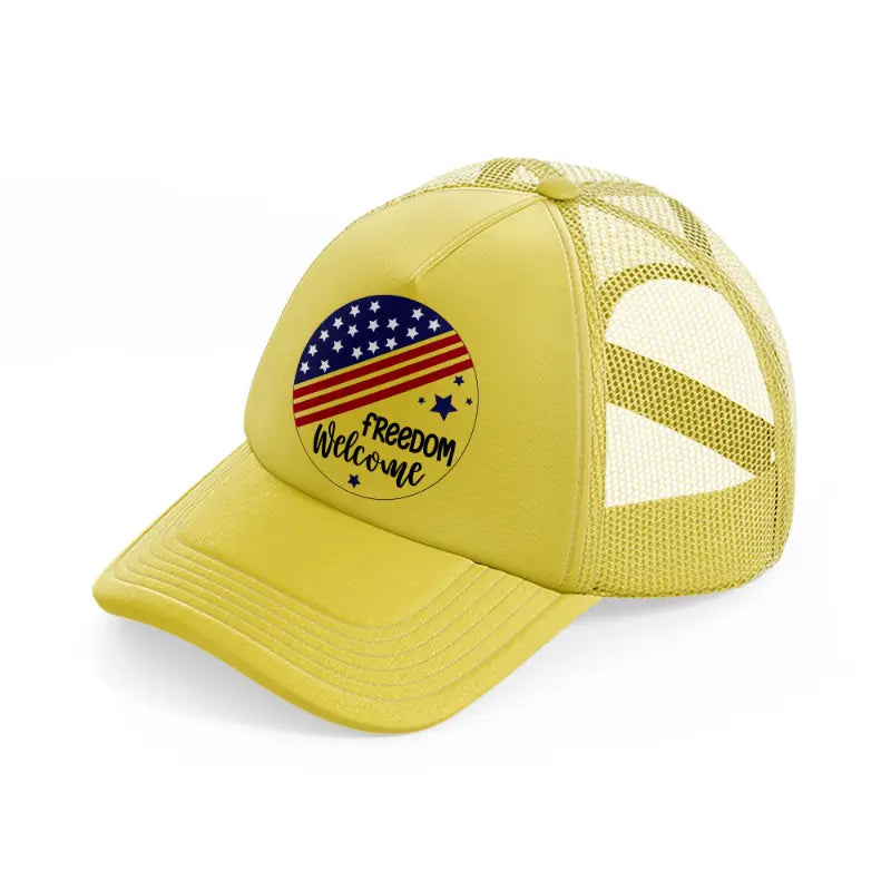 freedom  welcome-01-gold-trucker-hat