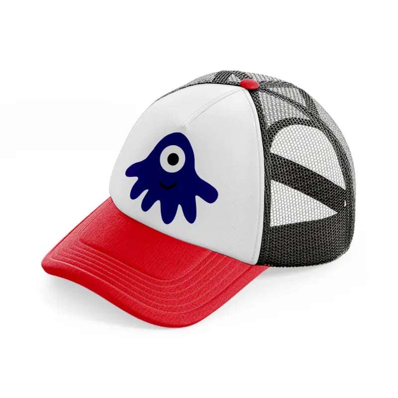 blue monster-red-and-black-trucker-hat