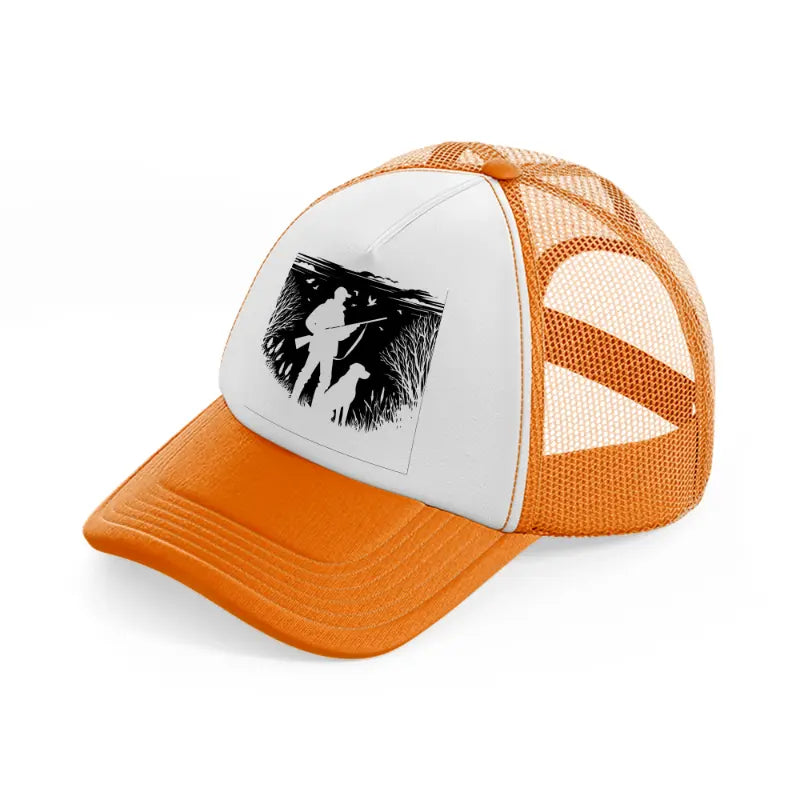 hunter with dog-orange-trucker-hat