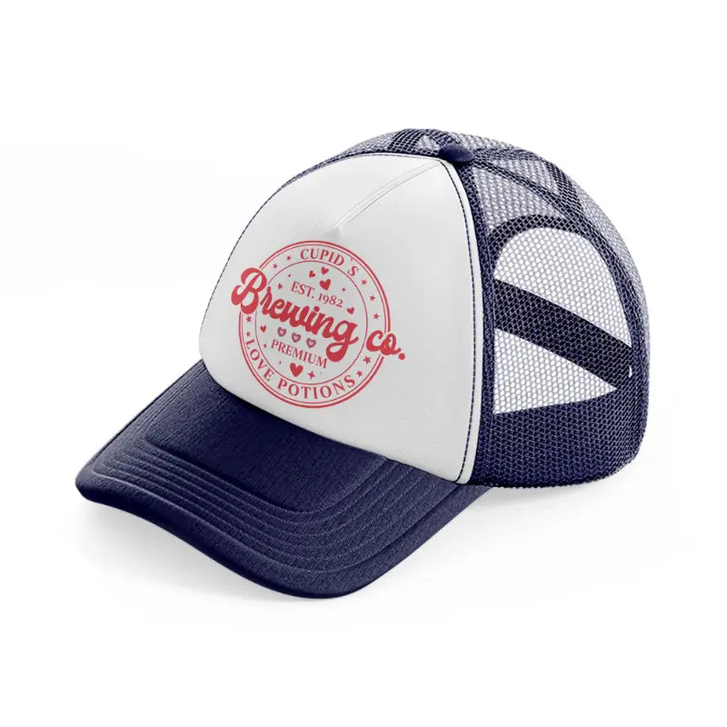 brewing co. premium cupid's love potions est 1982 navy blue and white trucker hat