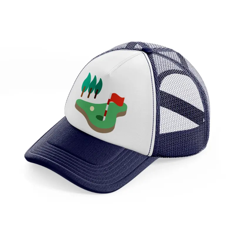 golf field trees navy blue and white trucker hat