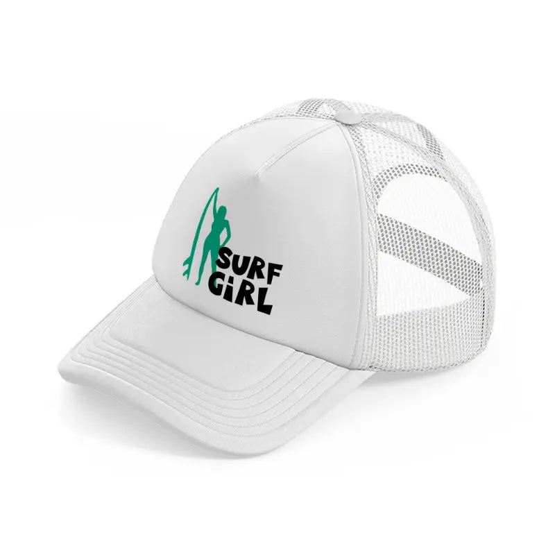 standing surf girl white trucker hat