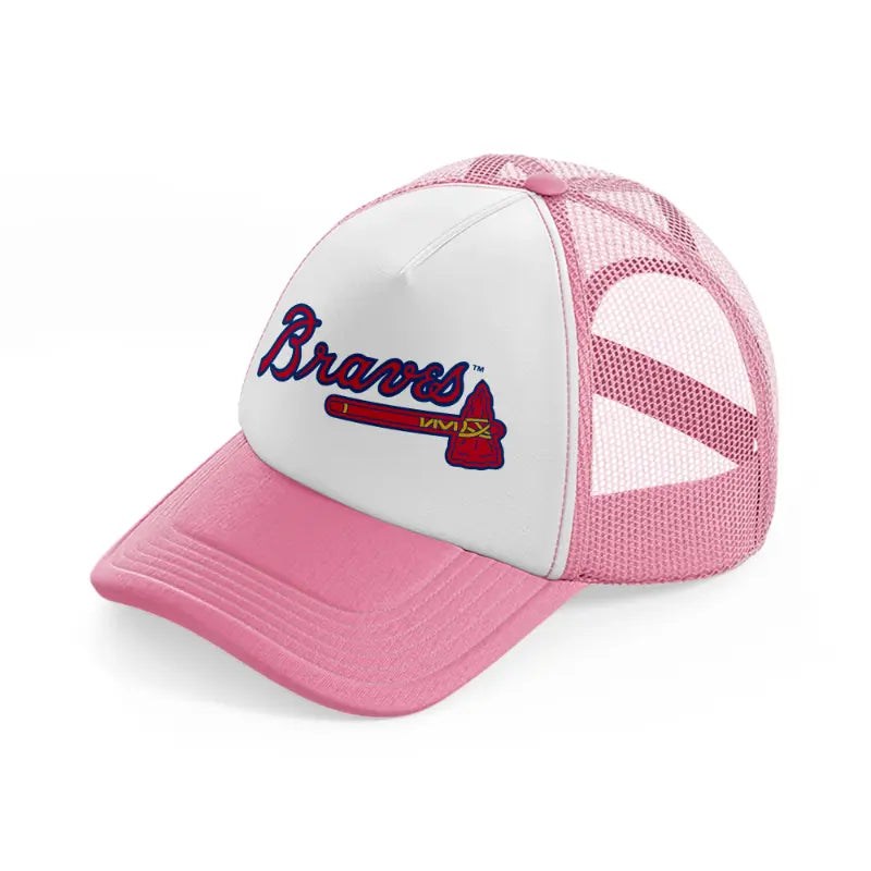 braves logo-pink-and-white-trucker-hat
