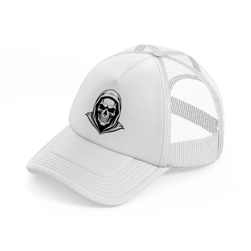 hoodied skull white trucker hat