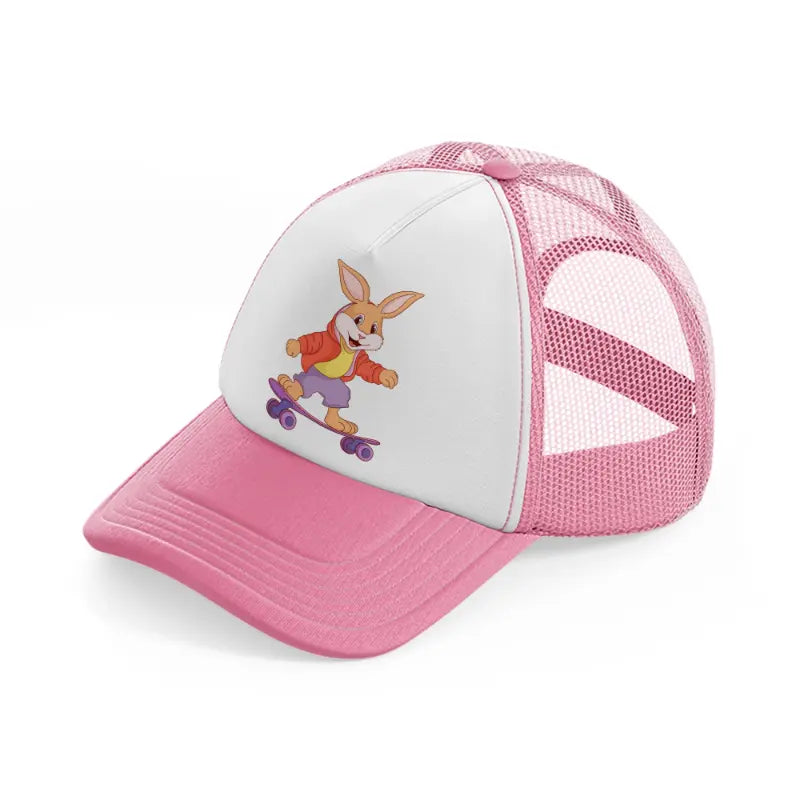 bunny on a skateboard-pink-and-white-trucker-hat