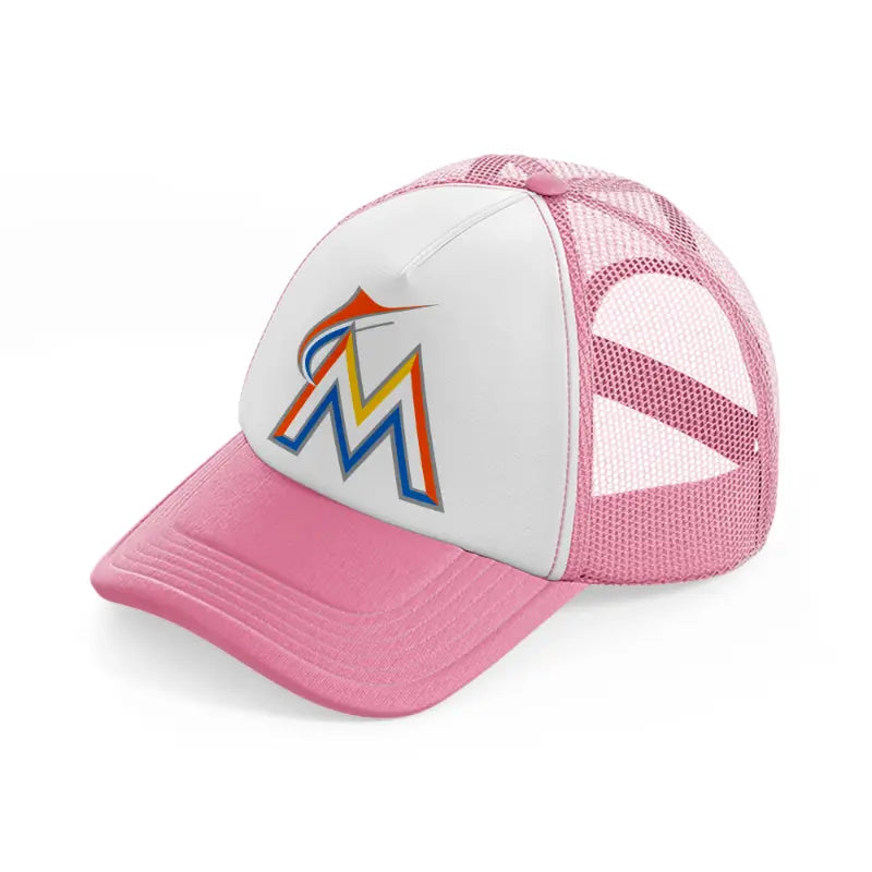 miami marlins emblem-pink-and-white-trucker-hat